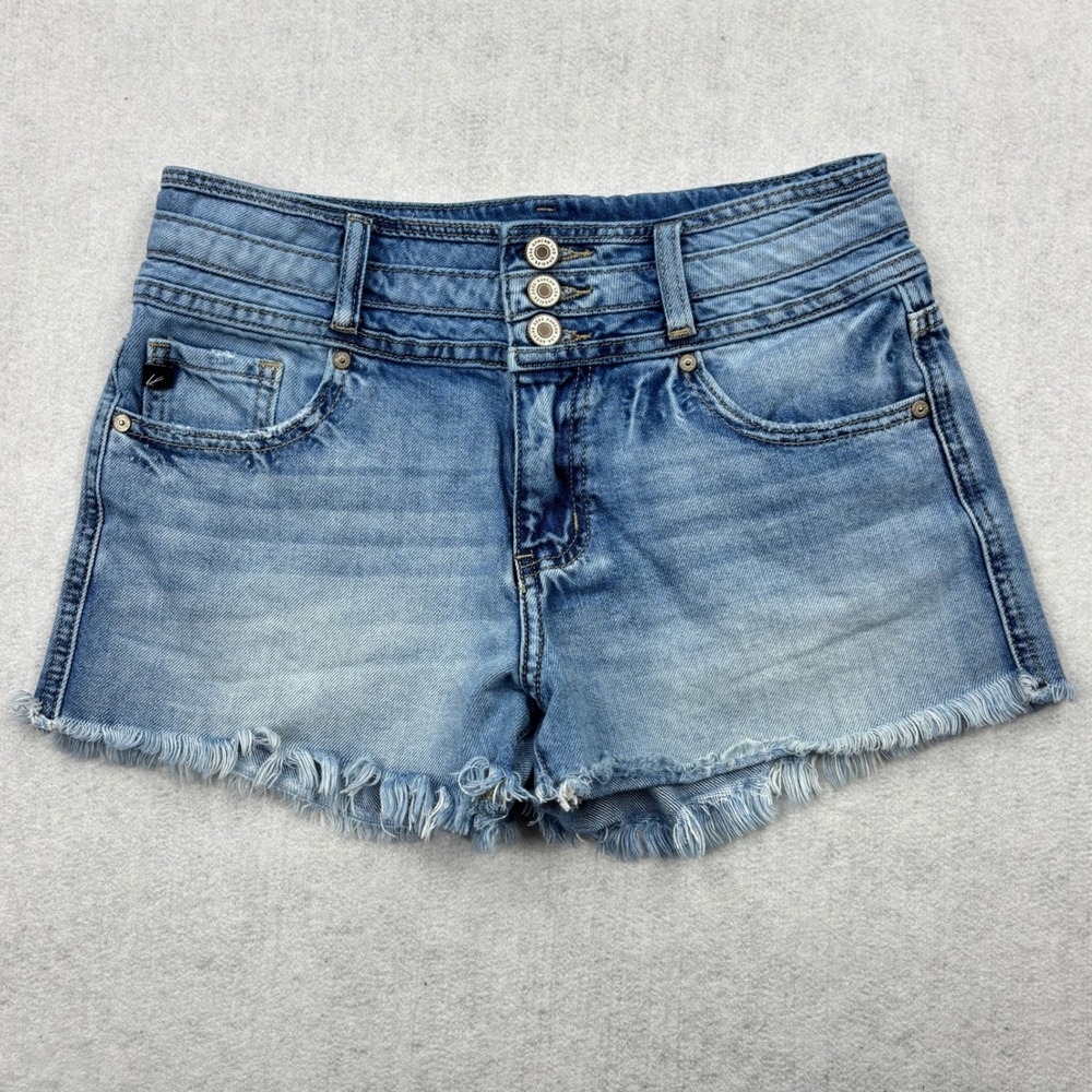 Kancan Womens Medium Light Wash High Rise Cutoff Denim Shorts Frayed 3 Button M